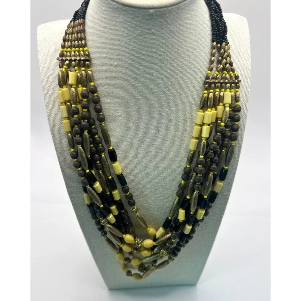 Vintage Boho Multi-Strand Necklace Yellow Black Natural Wood Seed‎ Beads Earthy